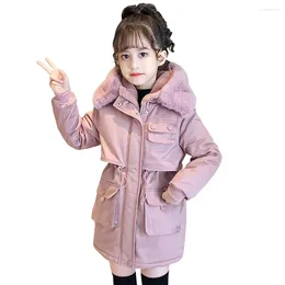 Down Coat Girls Winter Windbreaker Fur Hooded Parka Zipper Thick Warm Fleece Teenagers Puffer Kids Cotton Padded Outerwear Ski Suit