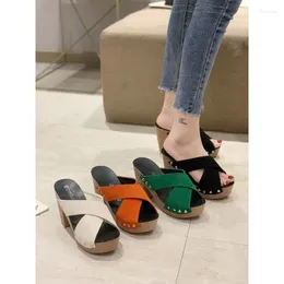 Slippers Women's Flip Flops Summer Sandals High Heel Platform Flock Casual Rivet Pumps Peep Toe Female Elegant Ladies Shoes 2024