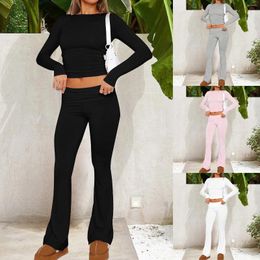 Women's Two Piece Pants Women Long Sleeve Top & Flare Set Slim Fit Crop And Low Waist Sets Solid Colour Female Sportswear