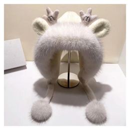 Berets Winter Hat Cute Furry Trim Antler Ears Decor Women Thickened Plush Warm Ear Protection Woollen