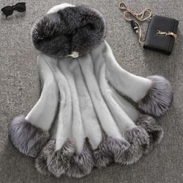 Faux Fox Fur Coats Women Solid Hooded Full Sleeve Mid Length Coat Splice Slim Fit Jackets Casual Thick Warm Outerwear Winter 240124