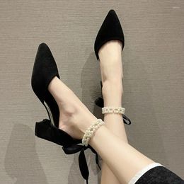 Dress Shoes Buckle Strap 2024 Summer Pearl Sandals Black For Women Med High Heels Beige Medium Girls High-heeled Spring Scandals P