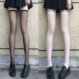 Women Socks Womens Summer Silky Thigh High Stockings Harajuku Lolita Ultra-Thin Transparent Ribbed Elastic Top Over Knee Long