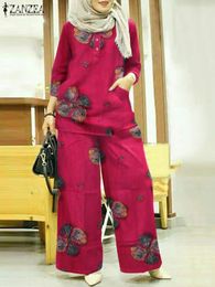 Ethnic Clothing ZANZEA Women Vintage Tracksuit Summer 3/4 Sleeve Blouse Pants Sets 2PCS Floral Printed Matching Casual Loose Muslim Suits