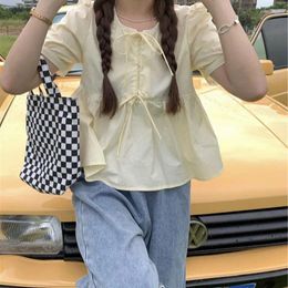 Women's Blouses Ruffles Shirts And Korea Short Sleeve Top Women 2024 Summer Lace-up Sweet Cute Elegant Solid Folds Clothes