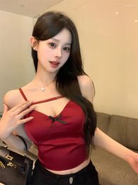 Women's Tanks Sweet Girl Pure Sexy Red Camisole Winter Slim Fit Satin Bottoming Short Strap Tank Top Fashion Female Clothes