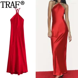 Casual Dresses TRAF Red Halter Satin Dress Woman Sleeveless Slip Long For Women Off Shoulder Sexy Evening Backless Party