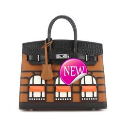 AAbirdkin Designer Totes Bag Crocodile Hand House Genuine Leather Contrasting Color Handbag Cartoon Graffiti Shoulder Bag AGGD