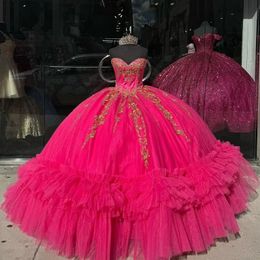 Rose Red Quinceanera Dresses For Sweet 16 Girls Ball Gown Appliques Lace Tiered Tull 15 Birthday Party Prom Dress Pageant Miss Gala