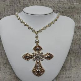Choker Elegant Victorian Imitation Pearl Rosary Necklace Large Statement Gothic Emo Vampice Grunge Handmade Crystal Cross Jewelr