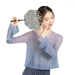 Women's T Shirts Top Gauze Clothes Short Gradient Rhinestone Classical Dance Elegant Fairy Exercise Clothing Ethnic Costume