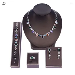 Necklace Earrings Set Colourful Gemstone Hand Inlaid Oval Round Zircon Jewel Sets Earring Ring Bracelet Chain For Lady Party Garment