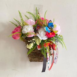 Decorative Flowers Front Door Flower Basket Spring & Summer Home Outdoor Wreaths Wall Decor Bow Knot Hanging Wicker Garland Garden