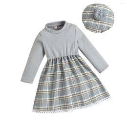 Girl Dresses Long Sleeve Kids Clothes Girls Dress With Hat Party Vestidos Sweater Patchwork Lace Children Plaid Princess