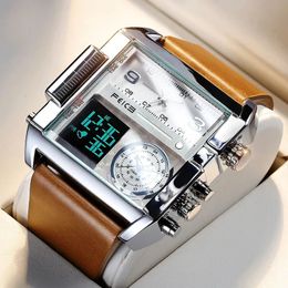 FEICE Wathes for Men Big Dial Digital LED Analogue Quartz Waterproof Wristwatch Business Men's Watch Square Leather Band FK030 240125