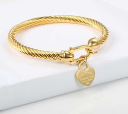 Titanium steel bracelet cable, golden heart charm bracelet with hook buckle for women and men's wedding Jewellery gift bracelet