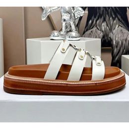 Slippers Brand Summer Women Genuine Leather Flat Thick Soled Non-slip Metal Buckle Slipper Comfort Outdoor Casual Beach Shoes