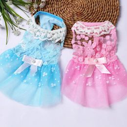 Dog Apparel Pet Cool Summer Wedding Clothes Lace Bowknot Hollowing Out Solid Polyester Dresses For Small Dogs Cats DC7105