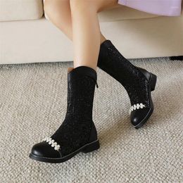 Boots YQBTDL Lolita Style Princess String Bead Bling Sequins Bowtie Ankle Girls Child Low Heel Party Wedding Sliver Shoes 12 Y