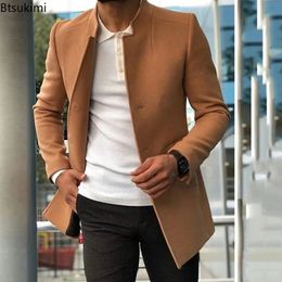 Autumn Winter Fashion Mens Woolen Coats Trend Solid Slim Single Breasted Lapel Long Suit Jacket Man Simple Casual Overcoat 240118
