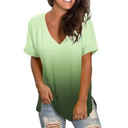 Women's T Shirts Roll Up Summer Gradient Casual Loose For Women Gift Deep V Neck Sports Shirt Light Green Polyester Basic Tee Short Sleeves