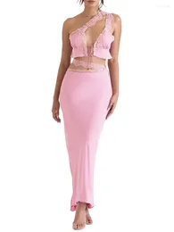 Skirts Vestido Sexy De 2 Piezas Para Mujer Largo Sin Tirantes Fiesta Verano Un Hombro Rosa S