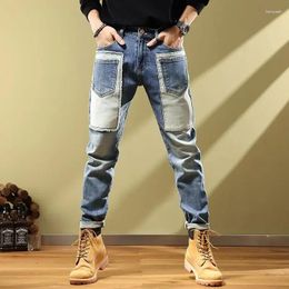 Men's Jeans Trousers Skinny For Men Motorcycle Tight Pipe Male Cowboy Pants Slim Fit Spliced Light Blue Denim 2024 Korean Autumn Style
