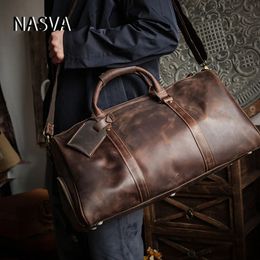 NASVA Leather Mens Bags Vintage Travel Duffle Bag Weekend Bag Handbags Messenger Bags Luggage Bag With Shoe Compartment 240127