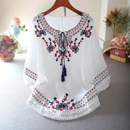 Casual Dresses Summer Dress 2024 Fashion Floral Embroidery Women White Batwing O-Neck Bohemian Boho Vestidos Clothing