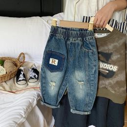 Spring Autumn Young Kids Boy Denim Pant Letter Sticker Toddler Boy Ripped Jeans Pant Leisure Elastic Waist Baby Boy Carrot Pants 240118