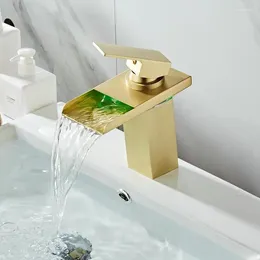 Bathroom Sink Faucets Basin Faucet LED Brushed Gold Waterfall Single Hole Cold Tap Mixer Torneira