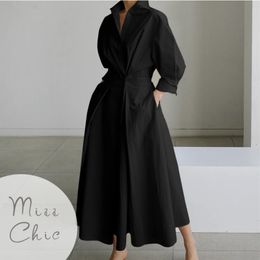 S5XL Korean Fashion Long Sleeve Shirt Dress Chic Turndown Neck Ruched Maxi Dress Women Autumn Winter Clothes Streetwear 240124