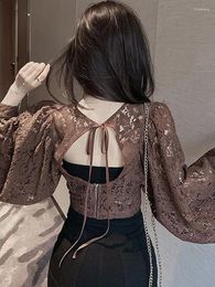 Women's Blouses Hollow Out Blouse Women Summer Long Sleeve Lace Shirts Female Sexy Backless Bandage Crop Top Ladies Elegant Blusas Para