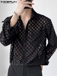 Handsome Well Fitting Men Blouse Vacation Hollow Out Stitching Male Breathable Mesh Long-sleeved Shirts S-5XL INCERUN Tops 240125