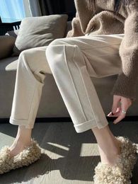 Women's Pants Herringbone Woolen Womens Retro Elastic Waist White Apricot Woman Trousers Autumn Winter Casual High Waisted Harem