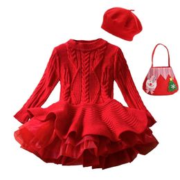 Baby Girls Long Sleeve Christmas Sweaters Knitted Red Dresses Casual Crew Neck Pullovers Knitwear Vestidos Kids Clothes 38 Yrs 240124