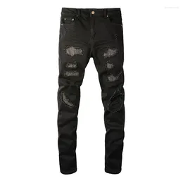 Men's Jeans Black Distressed Rhinestones Patchwork S Italian Drip Damaged Holes Slim Fit Stretch Ripped