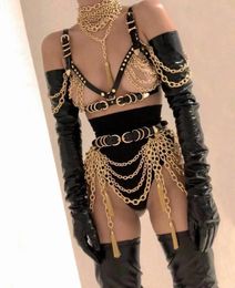 Stage Wear Sexy Gold Chains Bra Outfit Costume Set Dance Prom Party DJ Singer Short