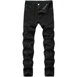 Denim Jeans Hole Design Fashion Lacquer Foot Casual Pants Stretch Regular Fit Black Long Hip Hop Men's Four Season Plus Size 240124