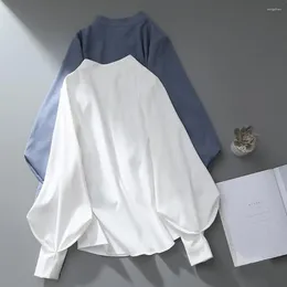 Women's Blouses Casual Solid Color Shirt Breathable Long-sleeve Elegant Stand Collar Cardigan Blouse With Lantern For Formal