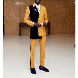 Men's Suits Patchwork Mens Yellow Black Slim Fit 2 Pieces Sets Peaked Lapel Long Jacket One Button Wedding Tuxedos Formal Blazers Set