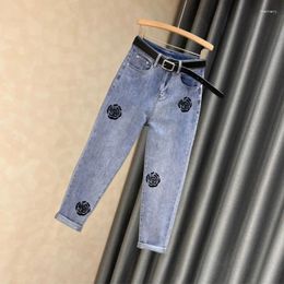 Women's Jeans Embroidered Pipe And Capris Cropped Trousers High Waist S With Pockets Pants For Woman Blue 2024 Korean Style Z