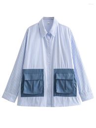 Women's Blouses Fashion Shirt Lapel Single Breasted Long Sleeve Blue White Striped Patchwork Pockets Blouse Spring 2024 7AB3354