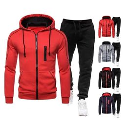 Winter Sportwear Stylish Mens 2pcs Autumn Sportswear Hooded Sweatshirt Coat Jogger Pants Set with Zipper Placket Elastic 240202