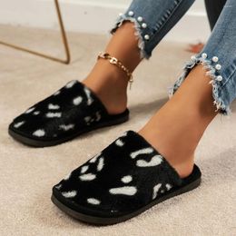 Slippers Women Leopard Pattern Fluffy Slip On Soft Sole Flat Home Warm Winter Plush Non-slip Shoes