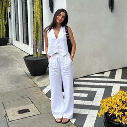 Summer White Linen Two Piece Set For Women Fashion Sleeveless Tank Top Waistcoat Matching High Waist Wide Pants Set 240124