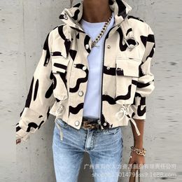 2023 Autumn Women Geometric Jackets Tops Vintage Print Long Sleeve Button Jacket Coat Ladies Leisure Outerwear Short Tops 240119