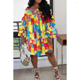 Plus Size Dresses Yellow Daily Pattern Print Ruffles Off The Shoulder Midi