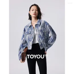 Women's Jackets Toyouth Women Denim Jacket 2024 Autumn Long Sleeve Polo Neck Loose Coat Tie Dyeing Dot Art Print Vintage Trendy Blue White