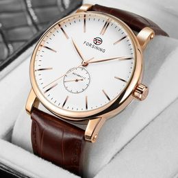 Wristwatches Forsining Classic Retro Automatic Mens Watch Rose Gold Case Famous Brown Leather Belt Business Mechanical Watches